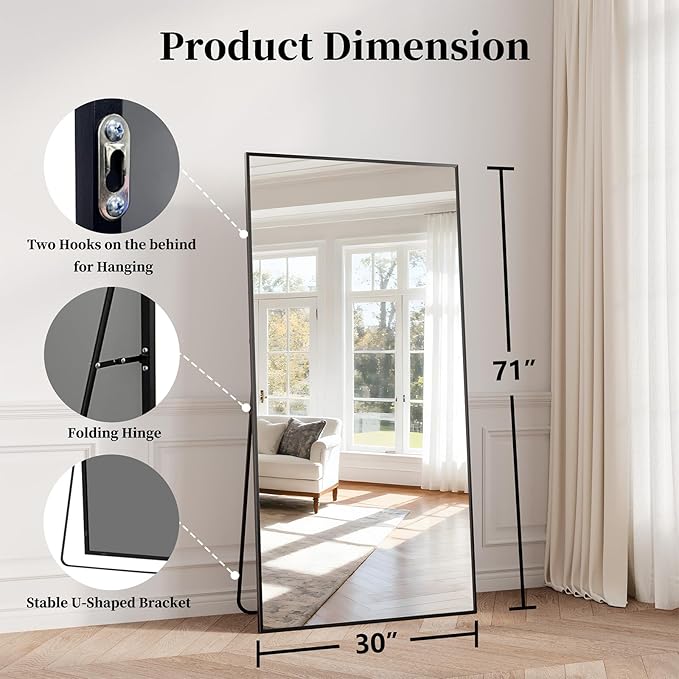 Large Full Length Mirror, 71"x30" Floor Mirror with Stand, Big Full Body Mirrors for Bedroom, Hanging Mounted for Living Room Cloakroom, Shatterproof Tempered Glass Floor Mirror, Black