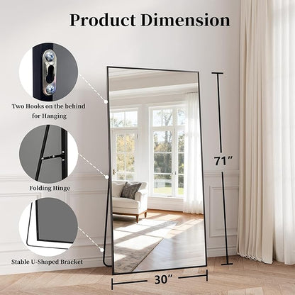 Large Full Length Mirror, 71"x30" Floor Mirror with Stand, Big Full Body Mirrors for Bedroom, Hanging Mounted for Living Room Cloakroom, Shatterproof Tempered Glass Floor Mirror, Black