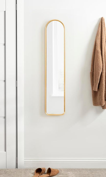 Kate and Laurel Caskill Slim Panel Wall Mirror; 8 x 38; Gold; Glam Tall Arch Mirror Wall Decor for Use as Skinny Entryway Mirror; Decorative Bedroom Mirror; or Cute Nursery Mirror