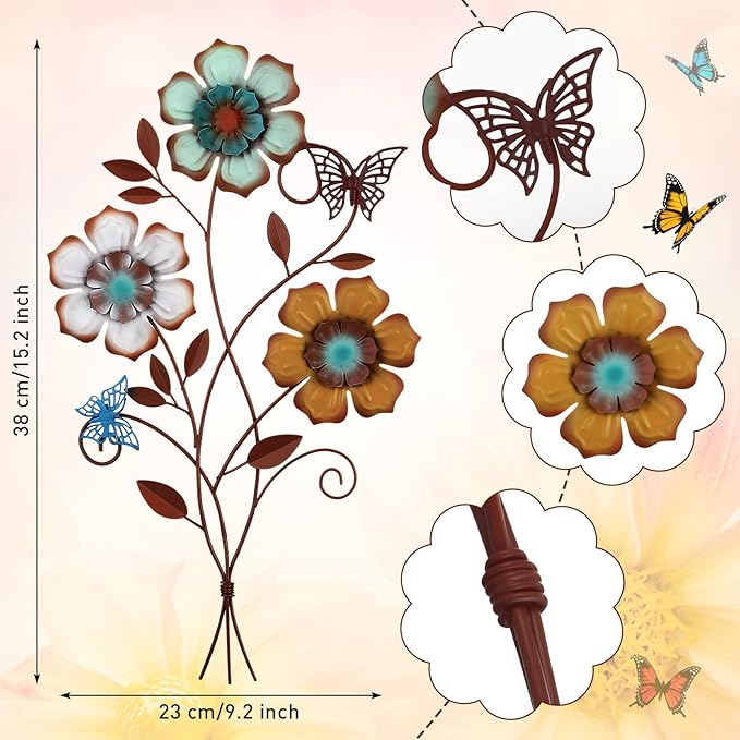 Moxweyeni Tricolor Flower Wall Decor Vintage Metal Wall Art Decor Rustic Hanging Flowers Decorative Metal Floral Art for Home Living Room Bathroom Indoor Outdoor, 15 x 9.1 Inch(1 Piece)
