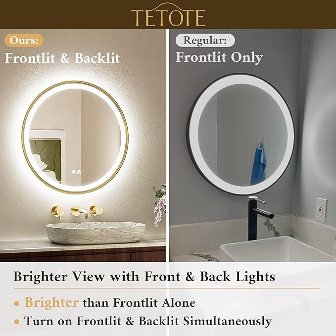 TETOTE Gold Round Led Mirror with Lights 30 Inch Metal Framed Round Circle Lighted Bathroom Vanity Mirror Wall Mounted, Front and Backlit 3 Color Stepless Dimmable Anti Fog, Shatterproof, CRI 90+