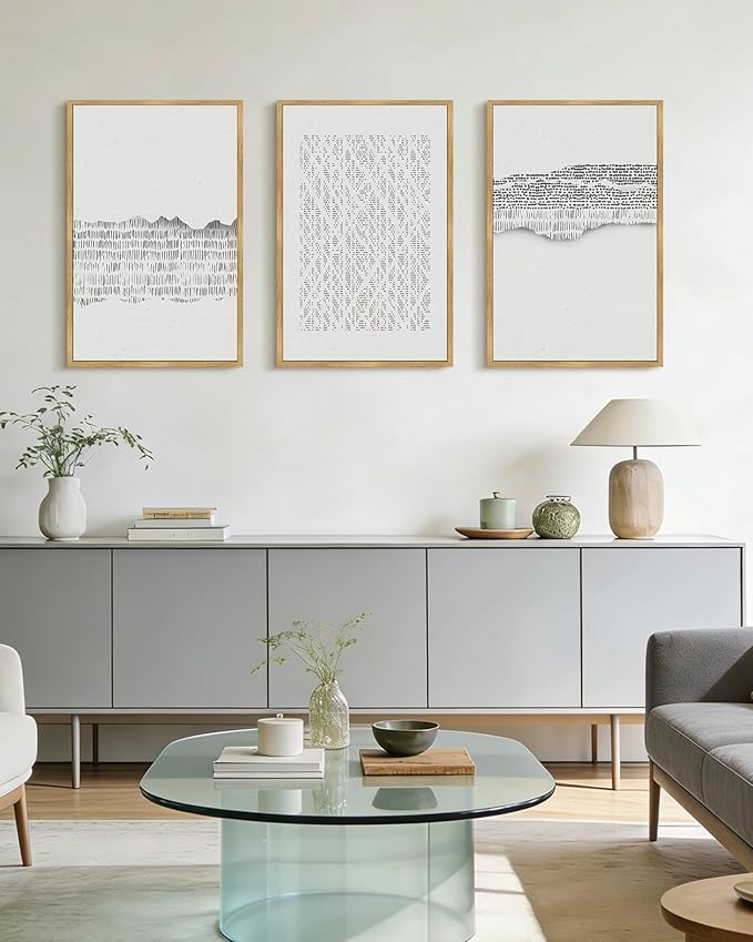 PHOPAGO Gray Abstract Framed Wall Art Large 16x24in Mid Century Minimalist Wooden Pastel Boho Wall Decor Modern Neutral Farmhouse Rustic Art Decor - Natural Framed