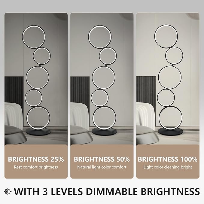 COSYLUX LED Modern Floor Lamp for Bedroom, 3 Way Bright Dimmable Corner Floor lamp with 5-Ring 2-in-1 Standing Tall End Table Lamp for Living Room & Office Reading Light, 3260LM, 6000K, Black.