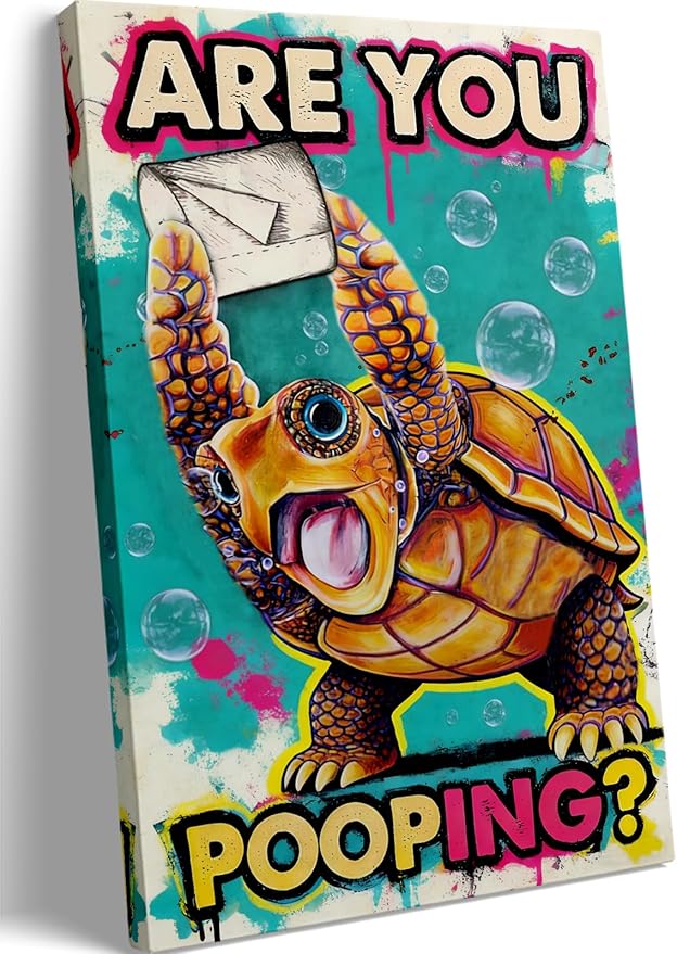Funny Turtle Bathroom Wall Art Painting, Are You Pooping? Graffiti Humor Canvas Print, Teal Pop Art Bathroom Poster Decor, 16x24 Inch Framed Wall Picture for Bathroom Restroom Toilet Washroom