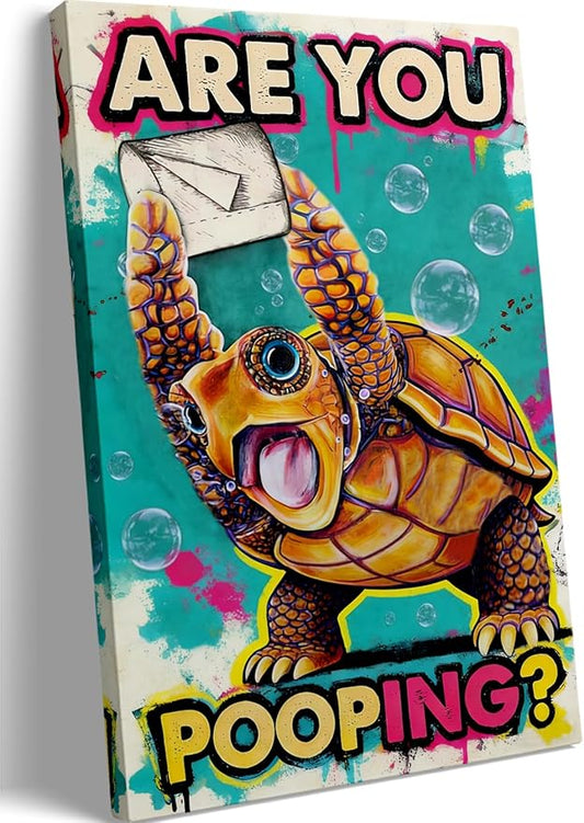 Funny Turtle Bathroom Wall Art Painting, Are You Pooping? Graffiti Humor Canvas Print, Teal Pop Art Bathroom Poster Decor, 16x24 Inch Framed Wall Picture for Bathroom Restroom Toilet Washroom