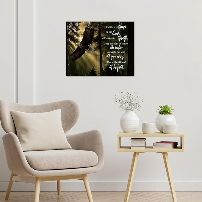 LB Inspirational Eagle Wall Art Modern Bible Verse with Rustic Wildlife Animal Canvas Wall Art Christian Motivational Wall Decor for Bedroom Bathroom Living Room Framed Ready to Hang 8L x 10W