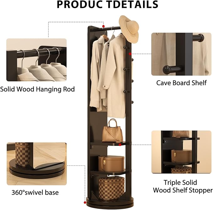 WoodsWhisper Full Length Mirror Coat Rack Solid Wood Floor Mirror 70"x16" Full Length Mirror with Stand Long Mirrors for Bedroom,Living Room (Black, 70" L x 16" W)