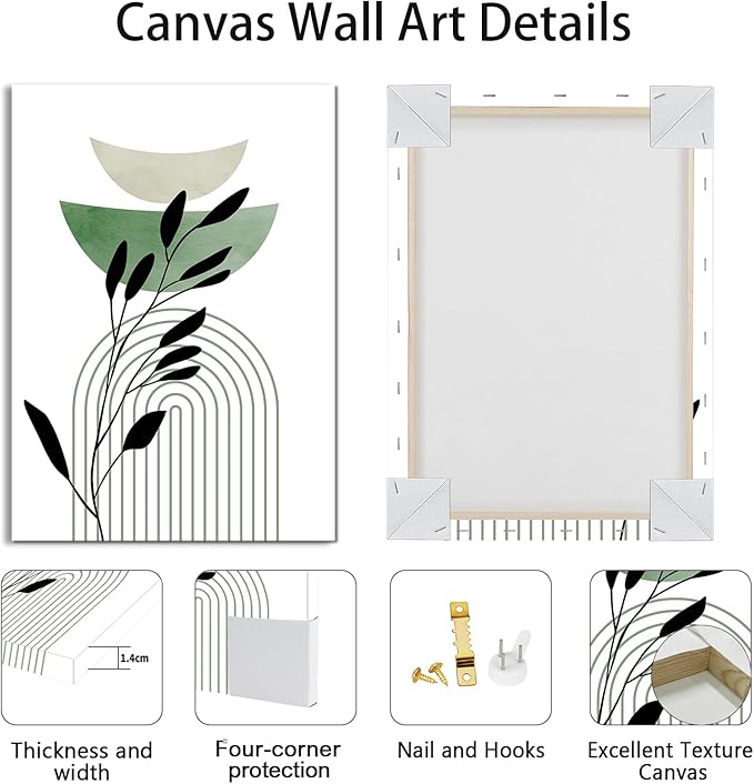 WENGTIAO 3Pcs Boho Sage Green Canvas Wall Art MInimalist Geometric Line Leaf Pictures Prints Paintings Abstract Mid Century Botanical Green Plant Artwork for Living Room Bedroom Bathroom 16x24x3
