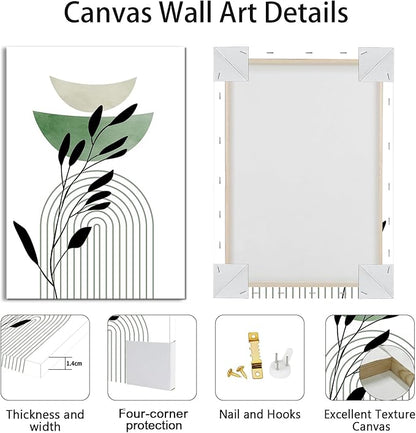 WENGTIAO 3Pcs Boho Sage Green Canvas Wall Art MInimalist Geometric Line Leaf Pictures Prints Paintings Abstract Mid Century Botanical Green Plant Artwork for Living Room Bedroom Bathroom 16x24x3