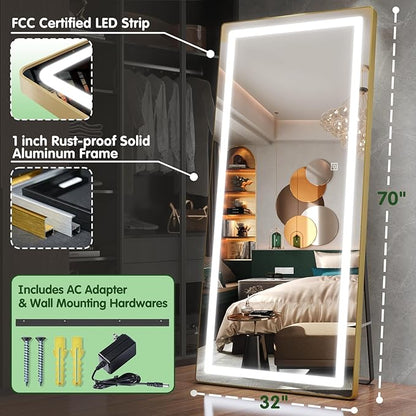 FENNIO Full Length Mirror with Lights, 70" x 32" LED Full Body Mirror, Free Standing Lighted Floor Mirror, Wall Mounted Hanging Mirror with Lights for Bedroom, Salon, Brushed Aluminum Frame, Gold