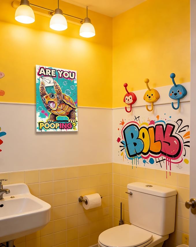 Funny Turtle Bathroom Wall Art Painting, Are You Pooping? Graffiti Humor Canvas Print, Teal Pop Art Bathroom Poster Decor, 12x16 Inch Framed Wall Picture for Bathroom Restroom Toilet Washroom
