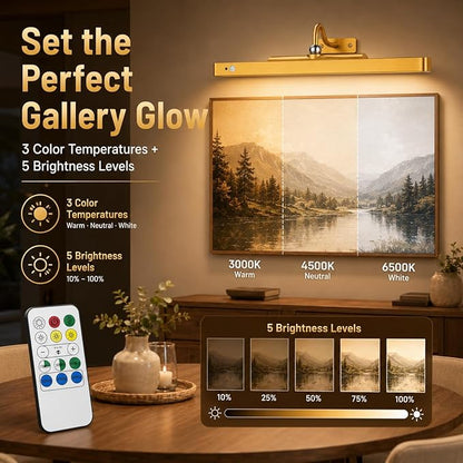 16" Gold Picture Light for Wall, Battery Operated Rechargeable Art Light with 6000mAh Battery, Motion Sensor, Remote, 3CCT Dimmable Cordless Painting Light for Artwork, Gallery, Hallway, 2 Pack