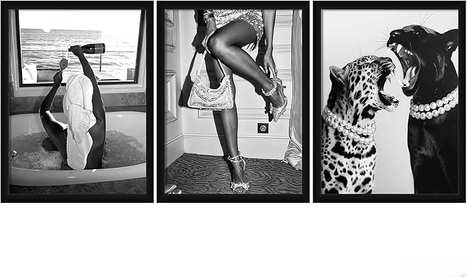 3Pcs Fashion Leopard Print Canvas Wall Paintings Funny Woman Drinking In Bathtub Paintings Print Black And White Photography Beautiful Chic Woman Preppy Postesr For Bedroom Hallway 12×16 Inch Unframed