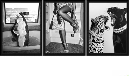 3Pcs Fashion Leopard Print Canvas Wall Paintings Funny Woman Drinking In Bathtub Paintings Print Black And White Photography Beautiful Chic Woman Preppy Postesr For Bedroom Hallway 12×16 Inch Unframed