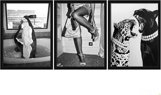 3Pcs Fashion Leopard Print Canvas Wall Paintings Funny Woman Drinking In Bathtub Paintings Print Black And White Photography Beautiful Chic Woman Preppy Postesr For Bedroom Hallway 12×16 Inch Unframed