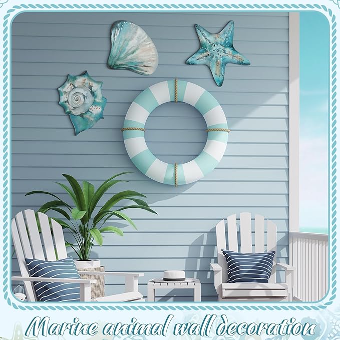 Tatuo 3 Pcs Summer Coastal Wall Decor Bathroom Beach Blue Wall Art Sea Turtle Surfboard Seahorse Starfish Seashell Conches Crabs Sea Life Decor for Bedroom Home (Shells,Conch,Starfish)