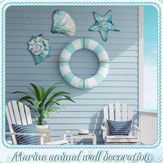 Tatuo 3 Pcs Summer Coastal Wall Decor Bathroom Beach Blue Wall Art Sea Turtle Surfboard Seahorse Starfish Seashell Conches Crabs Sea Life Decor for Bedroom Home (Shells,Conch,Starfish)