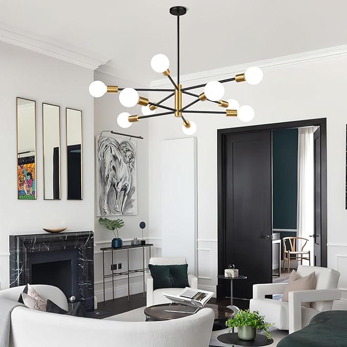 10.9"-52.3" Height Adjustable Modern Chandelier Ceiling Light Fixture, 10-Light Sputnik Chandeliers Brushed Gold and Black Dining Room Light Fixture, Chandeliers for Dining Room (Bulbs Not Included)