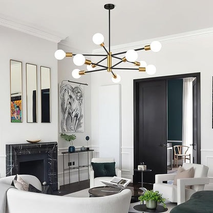 10.9"-52.3" Height Adjustable Modern Chandelier Ceiling Light Fixture, 10-Light Sputnik Chandeliers Brushed Gold and Black Dining Room Light Fixture, Chandeliers for Dining Room (Bulbs Not Included)