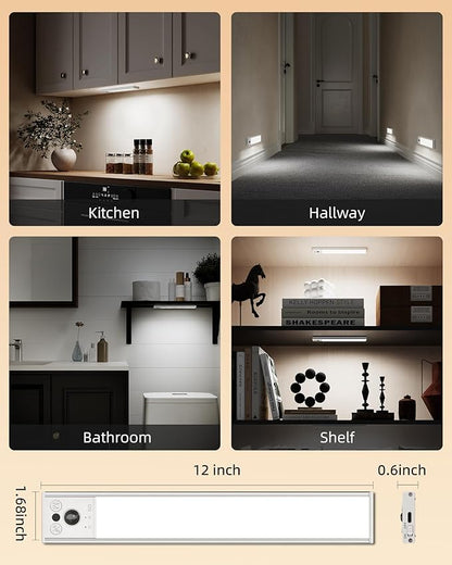 EZVALO 12inch Under Cabinet Lighting, LED Motion Sensor Light Indoor, 3100mAh USB Rechargeable Closet Lights, Dimmable & Magnetic Wireless Under Counter Lights for Kitchen, Pantry, Stairs (2 Pack)