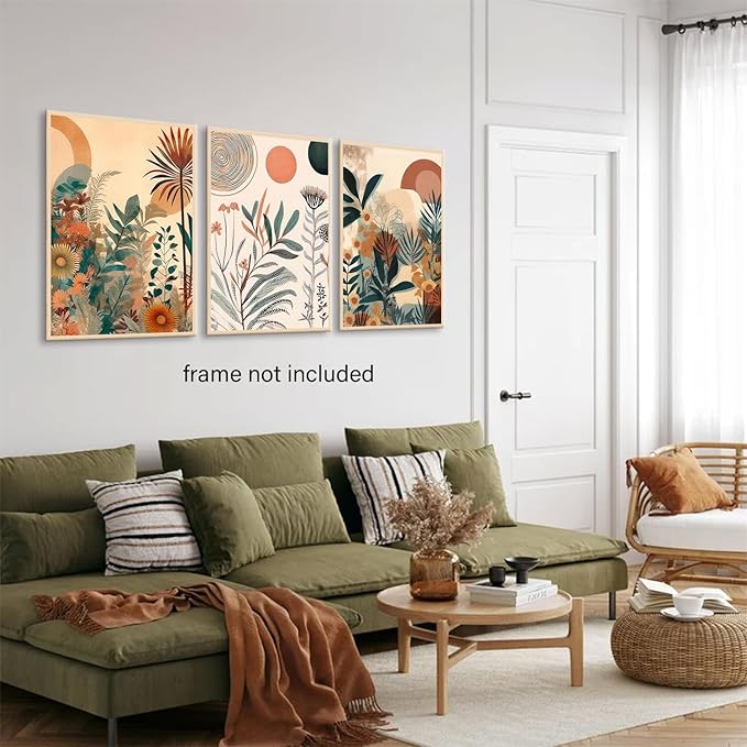 LYPHNX Boho Burnt Orange Botanical Floral Canvas Wall Art Abstract Terracotta Jungle Poster Pictures Set of 3 Flower Prints Painting Home Decor for Bathroom Bedroom Living Room 16"x24" Unframed