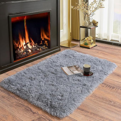 Soft Runner Rugs for Bedroom Hallways, 2 Packs 2x3 Grey Fluffy Shag Throw Area Rug Non Slip for Bedside Dorm, Long Shaggy Furry Carpet for Nursery Living Room