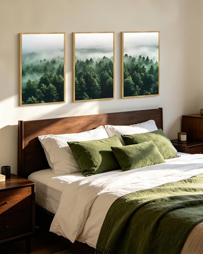 PHOPAGO Green Fog Pine Tree Framed Wall Art Large 16x24in Nature Misty Nordic Forests Artwork Morden Paints Bedroom Living Room Home Decor - Natural Framed