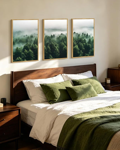 PHOPAGO Green Fog Pine Tree Framed Wall Art Large 16x24in Nature Misty Nordic Forests Artwork Morden Paints Bedroom Living Room Home Decor - Natural Framed