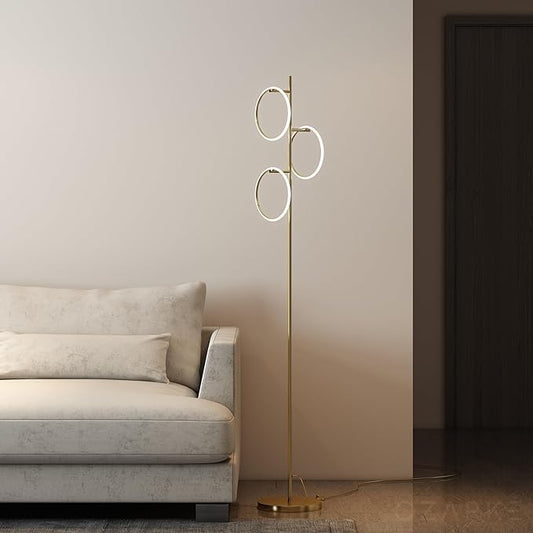Ozarke Neo Modern Floor Lamp - Mid Century Minimalist Decor Stand Light for Living Room, Bedroom & Home Office, Dimmable Contemporary Tall Lighting with 3 LED Lights - Warm 27000K (Gold)