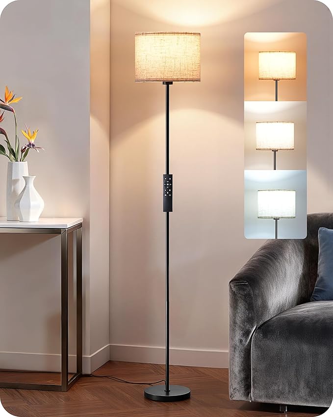 EDISHINE Upgraded Floor Lamps with 2 Lampshades, 63.7" Modern Standing Lamp with Foot Switch and Remote Control, Stepless Dimmable Minimalist Lamps for Bedroom, Office, (9W LED Bulb Included), Black