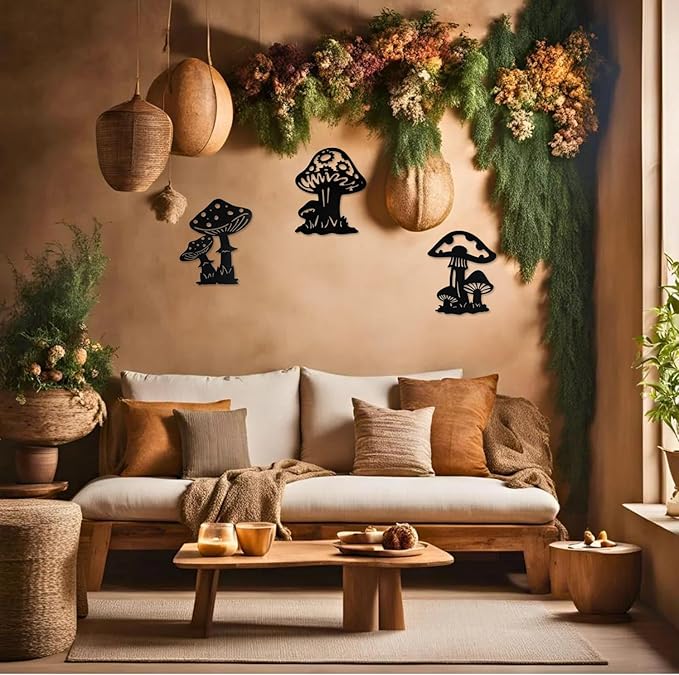 QZGXDECO Metal Mushroom Wall Decor - 3 Pack 9 inches Mushroom Wall Art Decor Hanging Decoration for Indoor Outdoor,Metal Plant Art Sculpture for Home Garden Fence Kitchen Bedroom Bathroom Living Room
