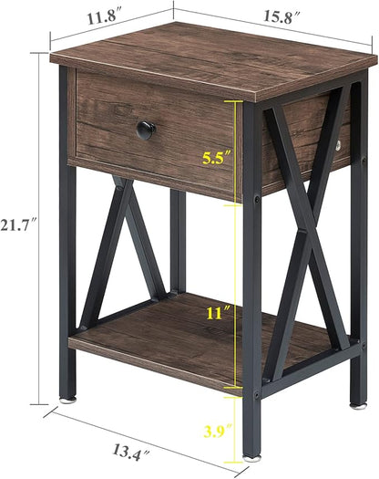 VECELO End Tables, Modern Nightstand with Drawer & Shelf, Night Stand for Bedroom Living Room,Industrial Metal Frame