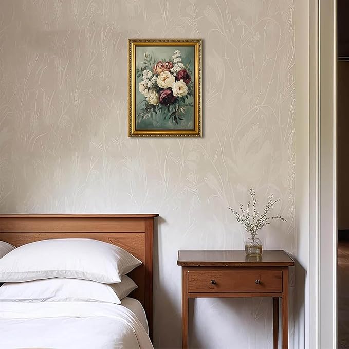 YD&YZY Gold Framed Vintage Wall Art Canvas Still Life Sage Green Flower Farmhouse Print Moody Floral Wall Decor Rustic Cottagecor Painting Picture Print for Dining Room Bedroom 12x16 inch Framed