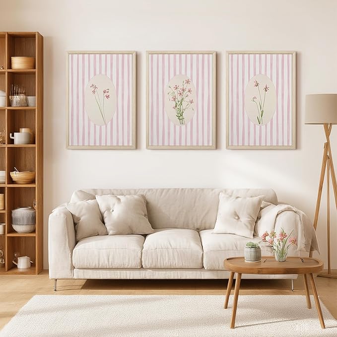 Pink Flower Wall Art Striped Floral Prints Botanical Canvas Wall Decor Aesthetic Pictures Pastel Pink Floral Poster Minimalist Flower Painting for Girl Room 16x24 Inch Framed Set of 3