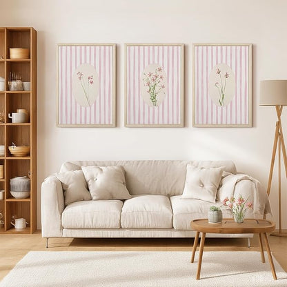 Pink Flower Wall Art Striped Floral Prints Botanical Canvas Wall Decor Aesthetic Pictures Pastel Pink Floral Poster Minimalist Flower Painting for Girl Room 12x16 Inch Framed Set of 3