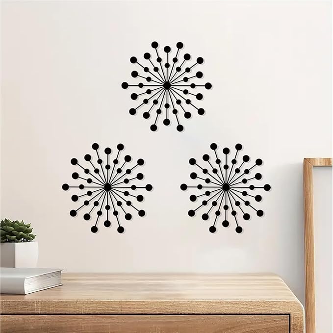 DUOOLN 3 Pcs Metal Sunburst Wall Art, Minimalist Hanging Wall Decor Single Line Art, Modern Abstract Geometrical Wall Sculptures, for Living Room Bedroom Bathroom Study Room Home Decor - Black