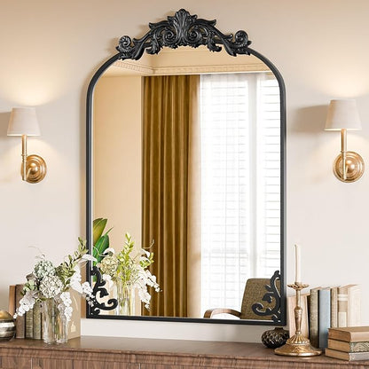 Koonmi Vintage Mirror, 26x38 Retro Wall Mounted Vanity Mirror, Tempered Glass, Detachable Flower Head, Black Antique Decorative Arched Mirrors for Bathroom Entryway Fireplace Hallway