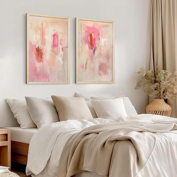 Abstract Wall Art Neutral Modern Canvas Painting Decor Pink Beige Minimalist Wall Art Contemporary Abstract Poster Artwork for Living Room Bedroom 16x24 Inch Wood Framed Set of 2