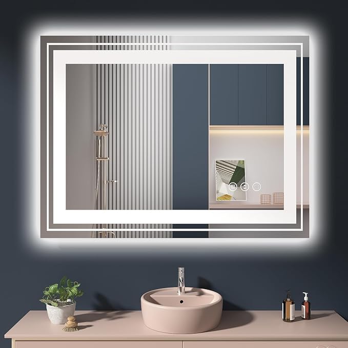 Snowdool LED Mirror for Bathroom, 40"X30" with 8 RGB Backlit +3 Front Lit (Adjustable Individually), Anti-Fog, Lighted Bathroom Vanity Mirror for Wall, Shatterproof, Memory Function, Tempered Glass