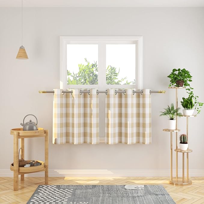 3 Pc Cotton Classic Country Farmhouse Kitchen Window Curtain Grommet Top -Beige & White Buffalo Check Tier & Valance Set, 54" x 18" / 32" x 24"