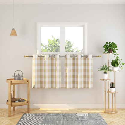 3 Pc Cotton Classic Country Farmhouse Kitchen Window Curtain Grommet Top -Beige & White Buffalo Check Tier & Valance Set, 54" x 18" / 32" x 24"