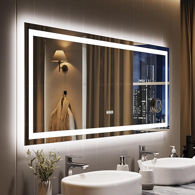 60x24 LED Bathroom Mirror with Lights, Frameless Wall Mounted Vanity Mirror with Front & Backlight, Dimmable Color Temperature, 5mm Copper-Glass, for Bathroom