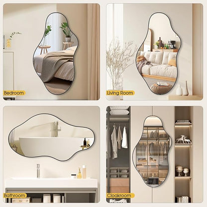 Irregular Asymmetrical Wall Mirror 20x35 Inches - Decorative Tempered Glass with Modern Aluminum Alloy Frame, Black Abstract Cloud Mirror for Bathroom, Bedroom, Living Room, Entryway, Cloakroom