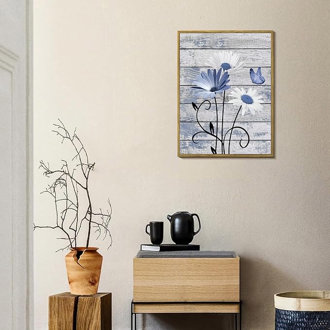 HVEST Blue and White Floral Wall Art for Living Room, Rustic Daisy Butterfly on Farmhouse Wood Canvas Wall Art Nature Plant Flower Pictures for Bedroom Bathroom Decor Framed Artwork, 17L X 12W inches