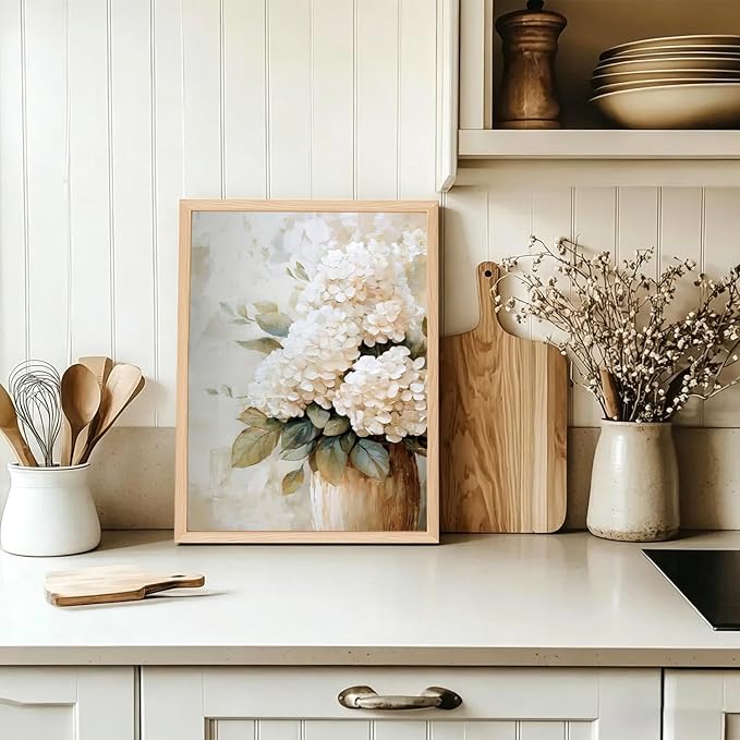 Framed Hydrangea Wall Art, White Floral Botanical Wall Decor Pictures, Vintage Flower Canvas Prints Paintings Farmhouse Aesthetic Home Decor for Living Room Bedroom Bathroom Kitchen 12x16 inch