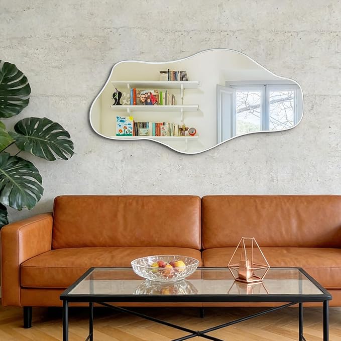 Irregular Frameless Mirror, 35.8"x17.7" Silver Asymmetrical Tempered Glass Mirror, Modern Abstract Wall Mirrors for Living Room Bedroom Hallway Entryway, Horizontal or Vertical Hanging
