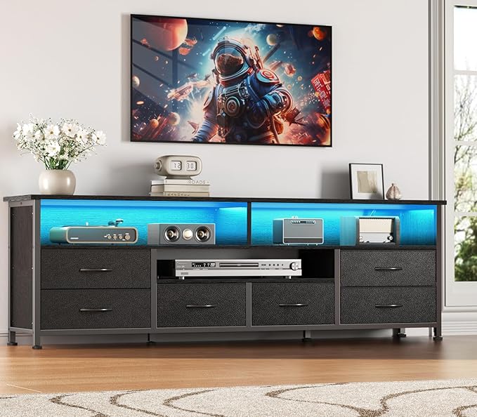 Furologee 63 Inch Entertainment Center Dresser for Bedroom, TV Stand for 65 70 Inch TVs, 6 Drawers Dresser with Power Outlets and LED Lights, Media Console with PU Leather Surface for Living Room