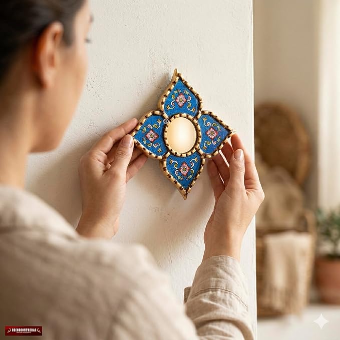 Peruvian Painted Glass Mirror with Bronze Leaf Framed - Handmade Diamond Mirror 6in for Gallery wall (Blue)