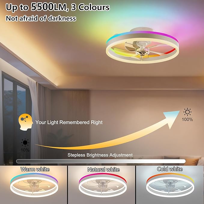 RGBCW 20" Flush Mount Low Profile Smart Ceiling Fan with Light, App & Remote Control, 6 Speeds Reversible, 3CCT Dimmable LED Bladeless Fandelier Quiet DC Motor for Bedroom Living Room