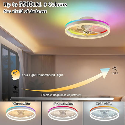RGBCW 20" Flush Mount Low Profile Smart Ceiling Fan with Light, App & Remote Control, 6 Speeds Reversible, 3CCT Dimmable LED Bladeless Fandelier Quiet DC Motor for Bedroom Living Room